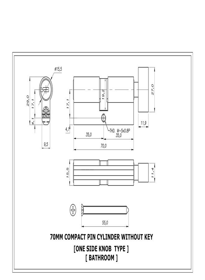 Bonus:- Compact Profile 6 Pin Cylinder (70mm Bathroom, Brush Steel) - Image 2